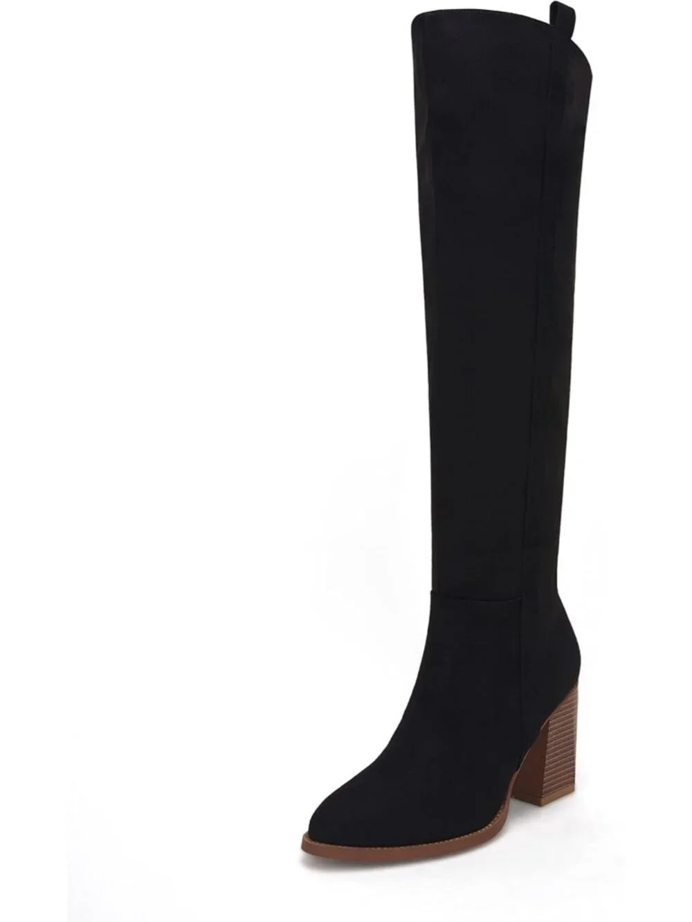 Women's Black Faux Suede Side Zipper Chunky Heel Stretch Over The Knee Boots